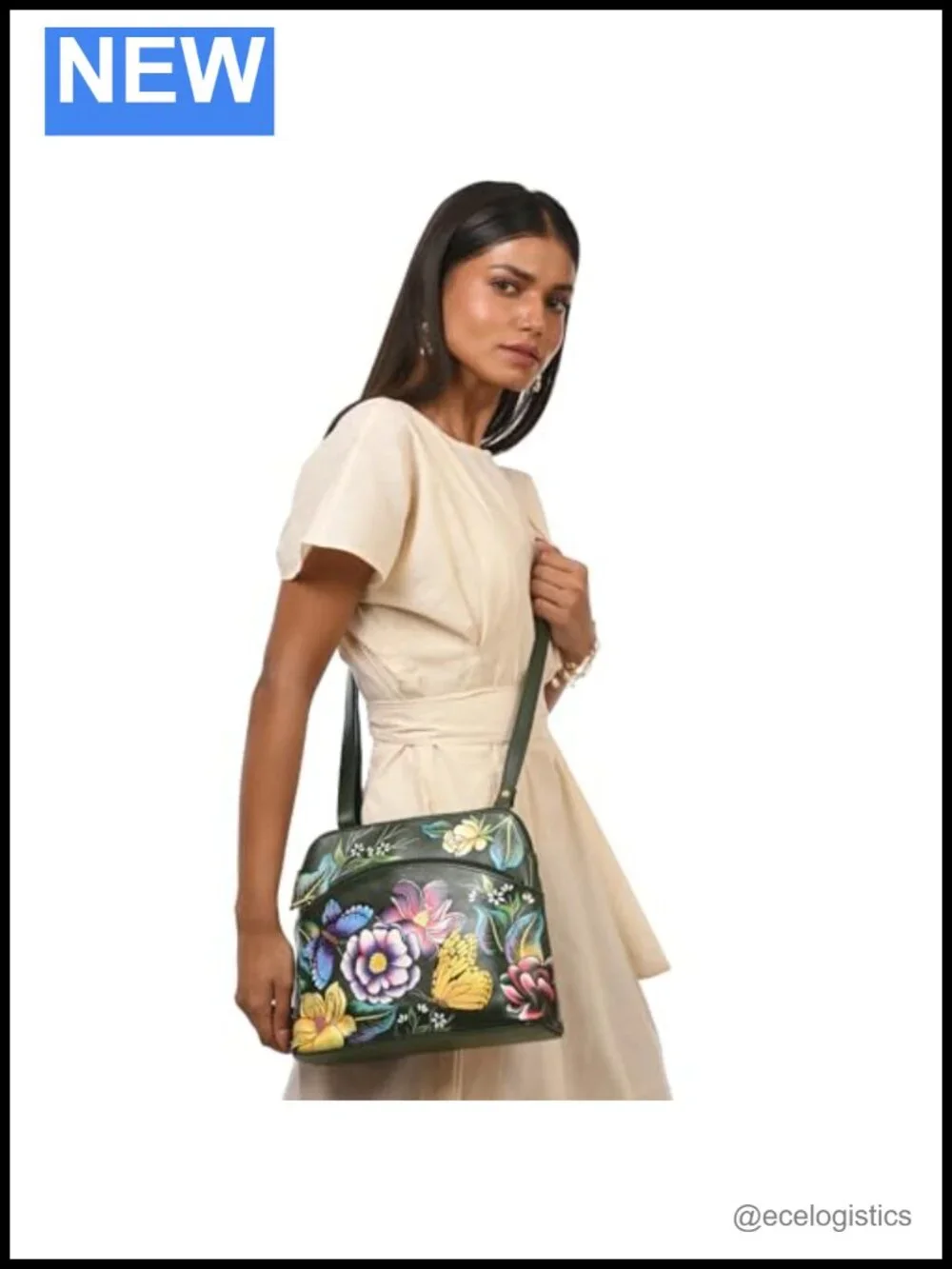 Hand-Painted Genuine Leather Medium Crossbody with Floral Butterfly Art